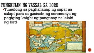 Tumulong sa paghahanap ng sapat na
salapi para sa gastusin ng seremonya ng
pagiging knight ng panganay na lalaki
ng lord
 
