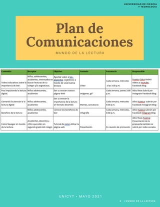 Plan de
Comunicaciones
M U N D O D E L A L E C T U R A
U N I C Y T • M A Y O 2 0 2 1
6 | M U N D O D E L A L E C T U R A
UNIVERSIDAD DE CIENCIA
Y TECNOLOGIA
 