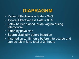 DIAPRAGHM
• Perfect Effectiveness Rate = 94%
• Typical Effectiveness Rate = 80%
• Latex barrier placed inside vagina during
intercourse
• Fitted by physician
• Spermicidal jelly before insertion
• Inserted up to 18 hours before intercourse and
can be left in for a total of 24 hours
 