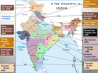 Floods,
Mumbai,
26 July
2005
Tsunami
26 Dec
2004
Cyclone
29 Oct
1999
Flood, Assam
& Bihar 2004
MAJOR DISASTERS
(1980-2005)
Earthquake
Uttarkashi, 20
Oct 1991
Bhuj,
Earthquake,
26 January,
2001
Avalanche
Feb 2005
Earthquake,
Latur, 30
Sept 1993
Tsunami
26 Dec
2004
Alia Cyclone
2009
Bhopal Gas
Tragedy, Dec
1982
Earthquake,
Oct, 2005
PHAILIN
Cyclone 2013
Flood,
Uttarakhand
2013
A f e w d i s a s t e r s i n
7
 