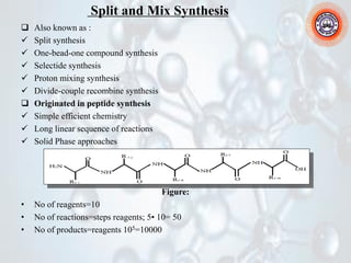 Split and Mix Synthesis
❑ Also known as :
✓ Split synthesis
✓ One-bead-one compound synthesis
✓ Selectide synthesis
✓ Proton mixing synthesis
✓ Divide-couple recombine synthesis
❑ Originated in peptide synthesis
✓ Simple efficient chemistry
✓ Long linear sequence of reactions
✓ Solid Phase approaches
Figure:
• No of reagents=10
• No of reactions=steps reagents; 5• 10= 50
• No of products=reagents 105=10000
 