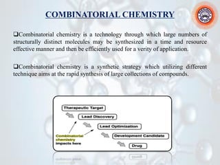 COMBINATORIAL CHEMISTRY
❑Combinatorial chemistry is a technology through which large numbers of
structurally distinct molecules may be synthesized in a time and resource
effective manner and then be efficiently used for a verity of application.
❑Combinatorial chemistry is a synthetic strategy which utilizing different
technique aims at the rapid synthesis of large collections of compounds.
 
