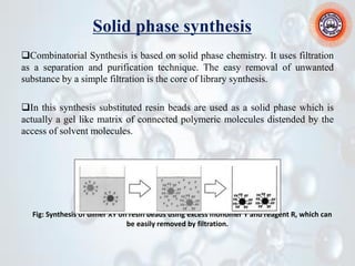 Solid phase synthesis
❑Combinatorial Synthesis is based on solid phase chemistry. It uses filtration
as a separation and purification technique. The easy removal of unwanted
substance by a simple filtration is the core of library synthesis.
❑In this synthesis substituted resin beads are used as a solid phase which is
actually a gel like matrix of connected polymeric molecules distended by the
access of solvent molecules.
Fig: Synthesis of dimer XY on resin beads using excess monomer Y and reagent R, which can
be easily removed by filtration.
 
