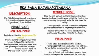 EKA PADA RAJAKAPOTASANA
DESCRIPTION:
Eka Pāda Rājakapotāsana I is an Asana.
It is translated as One Legged King
Pigeon Pos...