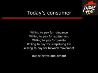 Today’s consumerWilling to pay for relevanceWilling to pay for excitementWilling to pay for qualityWilling to pay for simplifying lifeWilling to pay for forward movementBut selective and defiant