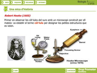 INICI ESQUEMA RECURSOS INTERNET
La cèl·lula
SURT ANTERIOR
Una mica d’història
Robert Hooke (1665)
Primer en observar les cèl·lules del suro amb un microscopi construït per ell
mateix: va establir el terme cèl·lula per designar les petites estructures que
es veien.
 