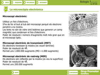 INICI ESQUEMA RECURSOS INTERNET
La cèl·lula
SURT ANTERIOR
La microscòpia electrònica
Microscopi electrònic:
Utilitza un feix d’electrons.
S’ha de fer el buit al tub del microscopi perquè els electrons
penetrin a la mostra.
Les lents no són de vidre sinó bobines que generen un camp
magnètic que condensen el feix d’electrons.
Poder de resolució i número d’augments molt més gran que en
el microscopi òptic.
Microscopi electrònic de transmissió (MET)
Els electrons travessen la mostra (es veuen làmines)
Poder de resolució de 4Å.
Permet uns 1.000.000 augments (MO =1.000 augments)
Microscopi electrònic de rastreig (MER)
Els electrons són reflectits per la mostra (es veu la superfície)
Poder de resolució de 4Å.
Permet uns 200.000 augments
 