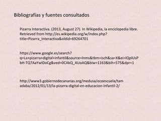 Bibliografías y fuentes consultados
http://www3.gobiernodecanarias.org/medusa/ecoescuela/tam
adaba/2012/01/13/la-pizarra-digital-en-educacion-infantil-2/
https://www.google.es/search?
q=La+pizarra+digital+infantil&source=lnms&tbm=isch&sa=X&ei=lQpIUsP
bH-TQ7AaYwIDoCg&ved=0CAkQ_AUoAQ&biw=1163&bih=575&dpr=1
Pizarra Interactiva. (2013, August 27). In Wikipedia, la enciclopedia libre.
Retrieved from http://es.wikipedia.org/w/index.php?
title=Pizarra_Interactiva&oldid=69264701
 
