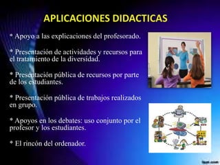 * Apoyo a las explicaciones del profesorado.
* Presentación de actividades y recursos para
el tratamiento de la diversidad.
* Presentación pública de recursos por parte
de los estudiantes.
* Presentación pública de trabajos realizados
en grupo.
* Apoyos en los debates: uso conjunto por el
profesor y los estudiantes.
* El rincón del ordenador.
 