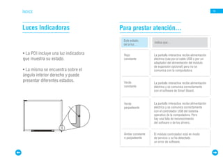 ÍNDICE                                                                                                 19




Luces Indicadoras                     Para prestar atención…
                                       Este estado
                                                         Indica que…
                                       de la luz…

• La PDI incluye una luz indicadora    Rojo              La pantalla interactiva recibe alimentación
que muestra su estado.                 constante         eléctrica (sea por el cable USB o por un
                                                         adaptador del alimentación del módulo
                                                         de expansión opcional) pero no se
• La misma se encuentra sobre el                         comunica con la computadora.
ángulo inferior derecho y puede
presentar diferentes estados.          Verde             La pantalla interactiva recibe alimentación
                                       constante         eléctrica y se comunica correctamente
                                                         con el software de Smart Board.



                                       Verde             La pantalla interactiva recibe alimentación
                                       parpadeante       eléctrica y se comunica correctamente
                                                         con el controlador USB del sistema
                                                         operativo de la computadora. Pero
                                                         hay una falla de reconocimiento
                                                         del software o de los drivers.


                                       Ámbar constante   El módulo controlador está en modo
                                       o parpadeante     de servicio o se ha detectado
                                                         un error de software.
 
