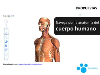 Navega por la anatomía del
cuerpo humano
Google Body browser www.bodybrowser.googlelabs.com
PROPUESTAS
recursos
 