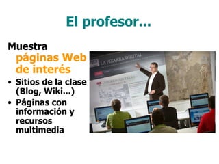 El profesor...
Muestra
  páginas Web
  de interés
• Sitios de la clase
  (Blog, Wiki...)
• Páginas con
  información y
  recursos
  multimedia
 