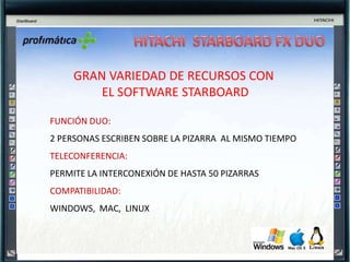 HITACHI  STARBOARD FX DUOGRAN VARIEDAD DE RECURSOS CON EL SOFTWARE STARBOARDESCRIBIR SOBRE CUALQUIER FONDO DE PANTALLAPLANTILLAS E IMÁGENES PREDEFINIDASACCESORIOS COMO FOCO O CORTINILLACAPTURA DE IMÁGENESGRABAR SESIÓN EN FORMATO VIDEO CON AUDIOIMPRIMIR O EXPORTAR LAS PIZARRASAÑADIR NOTAS SOBRE CUALQUIER ARCHIVOPERMITE SCROLL SOBRE LA IMAGEN DE PANTALLA
