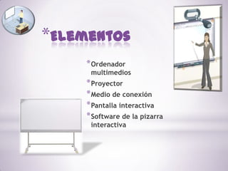 El proyector de vídeo proyecta sobre la pizarra el resultado, lo que permite a la persona que maneja el equipo ver en tiempo real lo que hace sobre la pizarra y cómo lo interpreta el ordenador.BeneficiosPara los alumnosPara los docentesIncremento de la motivación e interés hacia las clasesIncremento de la motivación e interés Pueden repasar los conceptos dado que la clase o parte de las explicaciones han podido ser enviadas por correo a los alumnos por parte del docenteSe beneficiarán de la posibilidad del aumento del tamaño de los textos e imágenesRefuerza las estrategias de enseñanza con la clase completaEs un instrumento perfecto para el educador constructivista Posibilidad de acceso a una tecnología TIC atractiva y sencillo uso.Se enfrenta a una tecnología sencilla