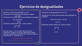 Empezamos escribiendo el problema original:
-4x−5≤3
Ejerciciosdedesigualdades
Resuelve y grafica la desigualdad -4x−5≤3
En...