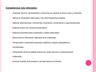 Competencias más reforzadas:
 Expresar hechos, pensamientos, emociones y/o deseos de forma clara y ordenada.
 Utilizar el vocabulario adecuado y recursos lingüísticos variados.
 Elaborar descripciones, narraciones, resúmenes, comentarios y argumentaciones.
 Elaborar textos con correcta presentación.
 Elaborar presentaciones multimedia y videos adecuados.
 Discriminar la información relevante de la irrelevante.
 Comprender e interpretar esquemas, gráficos y mapas cartográficos o
conceptuales.
 Comprender de forma global audiciones, textos escritos y presentaciones
multimedia.
 Conocer fuentes de formación y de información en Internet.
 