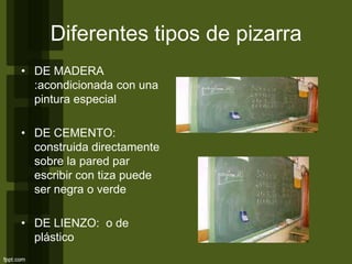 Diferentes tipos de pizarra
• DE MADERA
:acondicionada con una
pintura especial
• DE CEMENTO:
construida directamente
sobre la pared par
escribir con tiza puede
ser negra o verde
• DE LIENZO: o de
plástico
 