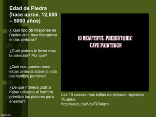 Edad de Piedra
(hace aprox. 12,000
– 5000 años)
¿ Que tipo de imágenes se
repiten con mas frecuencia
en las pinturas?
¿Cuál pintura le llamo mas
la atención? Por qué?
¿Qué nos pueden decir
estas pinturas sobre la vida
del hombre primitivo?
¿De que manera podría
haber utilizado el hombre
primitivo las pinturas para
enseñar?
Las 10 cuevas mas bellas de pinturas rupestres
Youtube
http://youtu.be/VpJTkTelqro
 