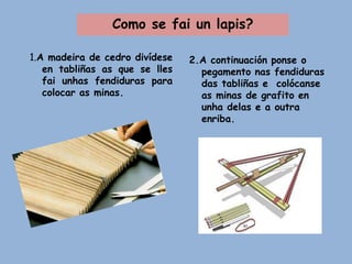 Como se fai un lapis?
1.A madeira de cedro divídese
en tabliñas as que se lles
fai unhas fendiduras para
colocar as minas.
2.A continuación ponse o
pegamento nas fendiduras
das tabliñas e colócanse
as minas de grafito en
unha delas e a outra
enriba.
 