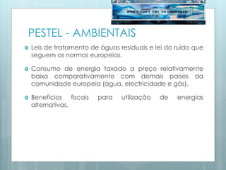 PESTEL - AMBIENTAIS
 Leis de tratamento de águas residuais e lei do ruido que
seguem as normas europeias.
 Consumo de energia taxado a preço relativamente
baixo comparativamente com demais países da
comunidade europeia (água, electricidade e gás).
 Benefícios fiscais para utilização de energias
alternativas.
 