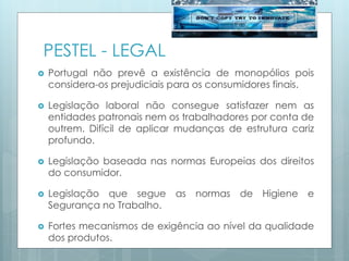 PESTEL - LEGAL
 Portugal não prevê a existência de monopólios pois
considera-os prejudiciais para os consumidores finais.
 Legislação laboral não consegue satisfazer nem as
entidades patronais nem os trabalhadores por conta de
outrem. Difícil de aplicar mudanças de estrutura cariz
profundo.
 Legislação baseada nas normas Europeias dos direitos
do consumidor.
 Legislação que segue as normas de Higiene e
Segurança no Trabalho.
 Fortes mecanismos de exigência ao nível da qualidade
dos produtos.
 