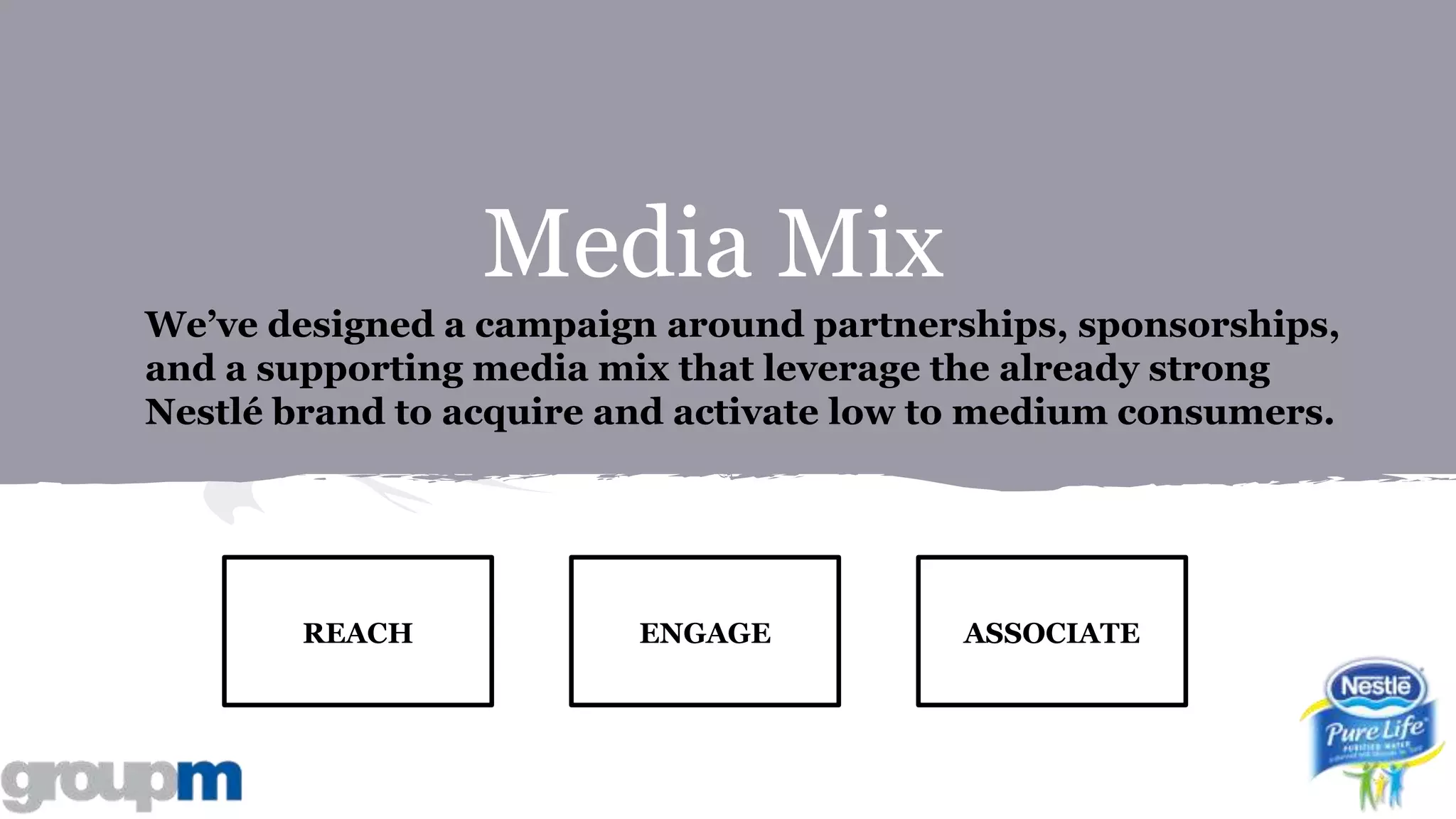 Media Mix
We’ve designed a campaign around partnerships, sponsorships,
and a supporting media mix that leverage the already strong
Nestlé brand to acquire and activate low to medium consumers.
ENGAGEREACH ASSOCIATE
 