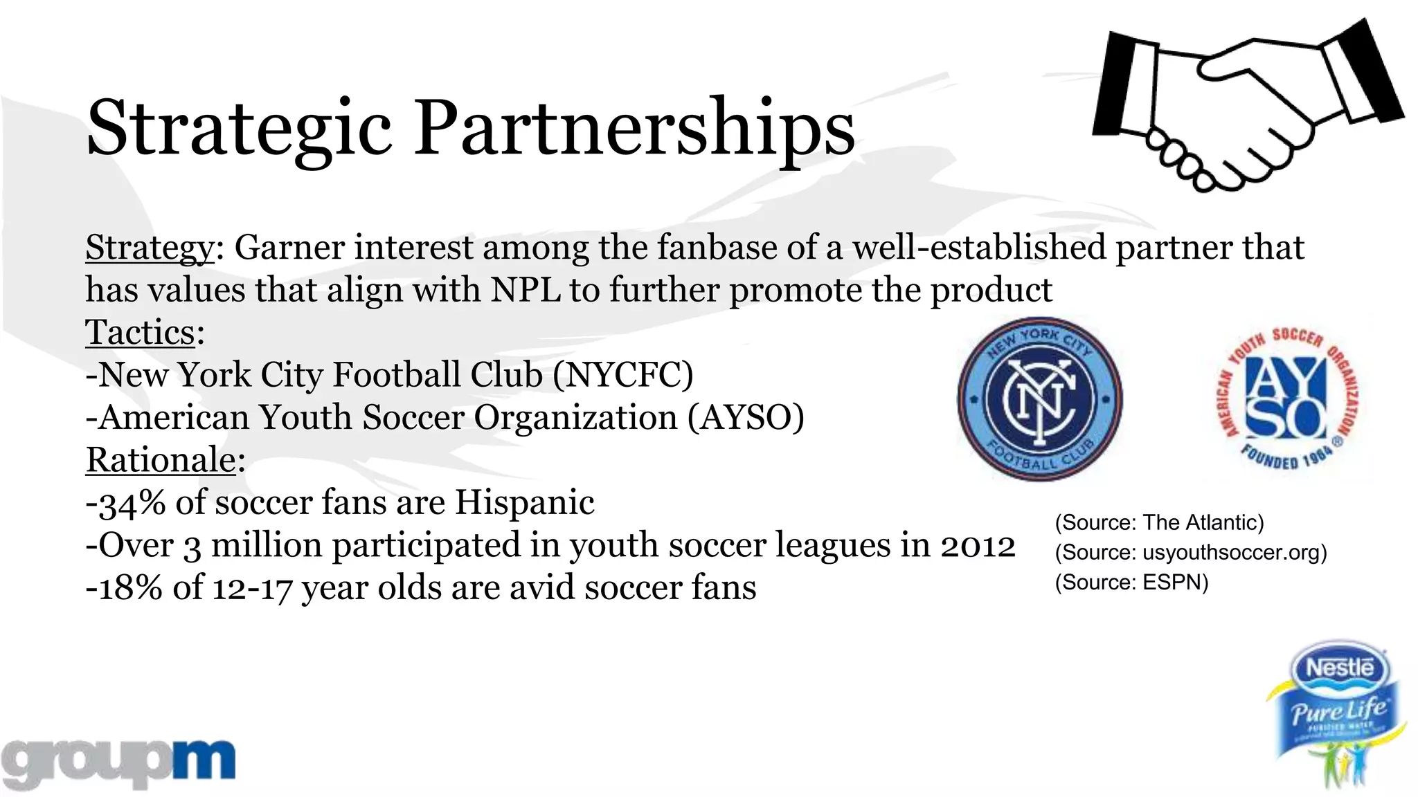 Strategic Partnerships
Strategy: Garner interest among the fanbase of a well-established partner that
has values that align with NPL to further promote the product
Tactics:
-New York City Football Club (NYCFC)
-American Youth Soccer Organization (AYSO)
Rationale:
-34% of soccer fans are Hispanic
-Over 3 million participated in youth soccer leagues in 2012
-18% of 12-17 year olds are avid soccer fans
(Source: The Atlantic)
(Source: usyouthsoccer.org)
(Source: ESPN)
 