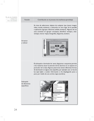 EL USO DEL PIZARRÓN
        INTERACTIVO
                          Función          Contribución en el proceso de enseñanza-aprendizaje
   EN LA SECUNDARIA



                                     Se trata de seleccionar objetos de cualquier tipo (texto, imagen,
                                     video, sonido, etcétera) y colocarlos en otro lugar de la pantalla
                                     o aplicación (agrupar, relacionar, señalar, etcétera). Algunos de sus
                                     usos consisten en agrupar conceptos, identiﬁcar ventajas y des-
                                     ventajas, marcar mapas, fotografías, diagramas, etcétera.



                      Arrastrar
                      y colocar




                                     El subrayado o iluminado de texto, diagramas o esquemas permite
                                     a los maestros situar la atención de los alumnos en un aspecto en
                                     particular de la clase. Algunos pizarrones tienen diferentes formas
                                     de iluminación en alguna área especíﬁca, por ejemplo: usar un haz de
                                     luz (spot light) u ocultar información e irla desplegando poco a
                                     poco por medio de una cortina negra (sombra).



                      Subrayado
                      de elementos
                      especíﬁcos




              24
 