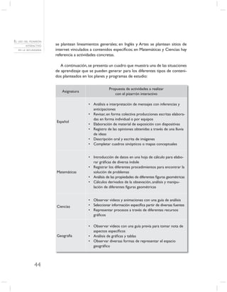 EL USO DEL PIZARRÓN
        INTERACTIVO   se plantean lineamientos generales; en Inglés y Artes se plantean sitios de
   EN LA SECUNDARIA   internet vinculados a contenidos especíﬁcos; en Matemáticas y Ciencias hay
                      referencia a actividades concretas.

                         A continuación, se presenta un cuadro que muestra una de las situaciones
                      de aprendizaje que se pueden generar para los diferentes tipos de conteni-
                      dos planteados en los planes y programas de estudio:

                                                     Propuesta de actividades a realizar
                         Asignatura
                                                        con el pizarrón interactivo

                                        • Análisis e interpretación de mensajes con inferencias y
                                          anticipaciones
                                        • Revisar, en forma colectiva producciones escritas elabora-
                                          das en forma individual o por equipos
                      Español
                                        • Elaboración de material de exposición con diapositivas
                                        • Registro de las opiniones obtenidas a través de una lluvia
                                          de ideas
                                        • Descripción oral y escrita de imágenes
                                        • Completar cuadros sinópticos o mapas conceptuales


                                        • Introducción de datos en una hoja de cálculo para elabo-
                                          rar gráﬁcas de diversa índole
                                        • Registrar los diferentes procedimientos para encontrar la
                      Matemáticas         solución de problemas
                                        • Análisis de las propiedades de diferentes ﬁguras geométricas
                                        • Cálculos derivados de la obsevación, análisis y manipu-
                                          lación de diferentes ﬁguras geométricas


                                        • Observar videos y animaciones con una guía de análisis
                      Ciencias          • Seleccionar información especíﬁca partir de diversas fuentes
                                        • Representar procesos a través de diferentes recursos
                                          gráﬁcos

                                        • Observar videos con una guía previa para tomar nota de
                                          aspectos especíﬁcos
                      Geografía         • Análisis de gráﬁcas y tablas
                                        • Observar diversas formas de representar el espacio
                                          geográﬁco



              44
 