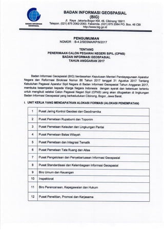 Pengumuman Seleksi CPNS Badan Informasi Geospasial (BIG) TA. 2017 | PDF