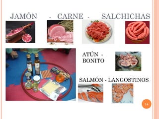 JAMÓN

- CARNE -

SALCHICHAS

ATÚN BONITO
SALMÓN - LANGOSTINOS

14

 