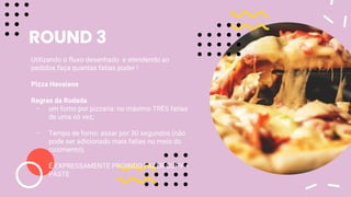 ROUND 3
Utilizando o fluxo desenhado e atendendo ao
pedidos faça quantas fatias puder !
Pizza Havaiana
Regras da Rodada
- um forno por pizzaria: no máximo TRÊS fatias
de uma só vez;
- Tempo de forno: assar por 30 segundos (não
pode ser adicionado mais fatias no meio do
cozimento);
- É EXPRESSAMENTE PROIBIDO FAZER COPY +
PASTE
 