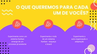 O QUE QUEREMOS PARA CADA
UM DE VOCÊS?
Experimente como um
sistema Kanban
emerge de um
processo já existente
Experimente a
auto-organização e
adaptação
Experimente o todo
de um sistema
Kanban - esqueça
o board
 