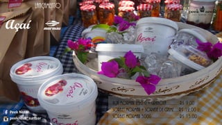 Açaí mormaii 220 g + granola.............R$ 9,00
Sorbet mormaii + sorvete de creme.....R$ 12,00
Sorbet mormaii 500g...........................R$ 15,00
Lançamento
Peek Neek
peekneek_surfbar