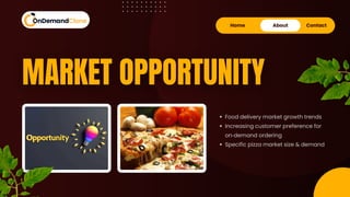 Home About Contact
MARKET OPPORTUNITY
Food delivery market growth trends
Increasing customer preference for
on‑demand ordering
Specific pizza market size & demand