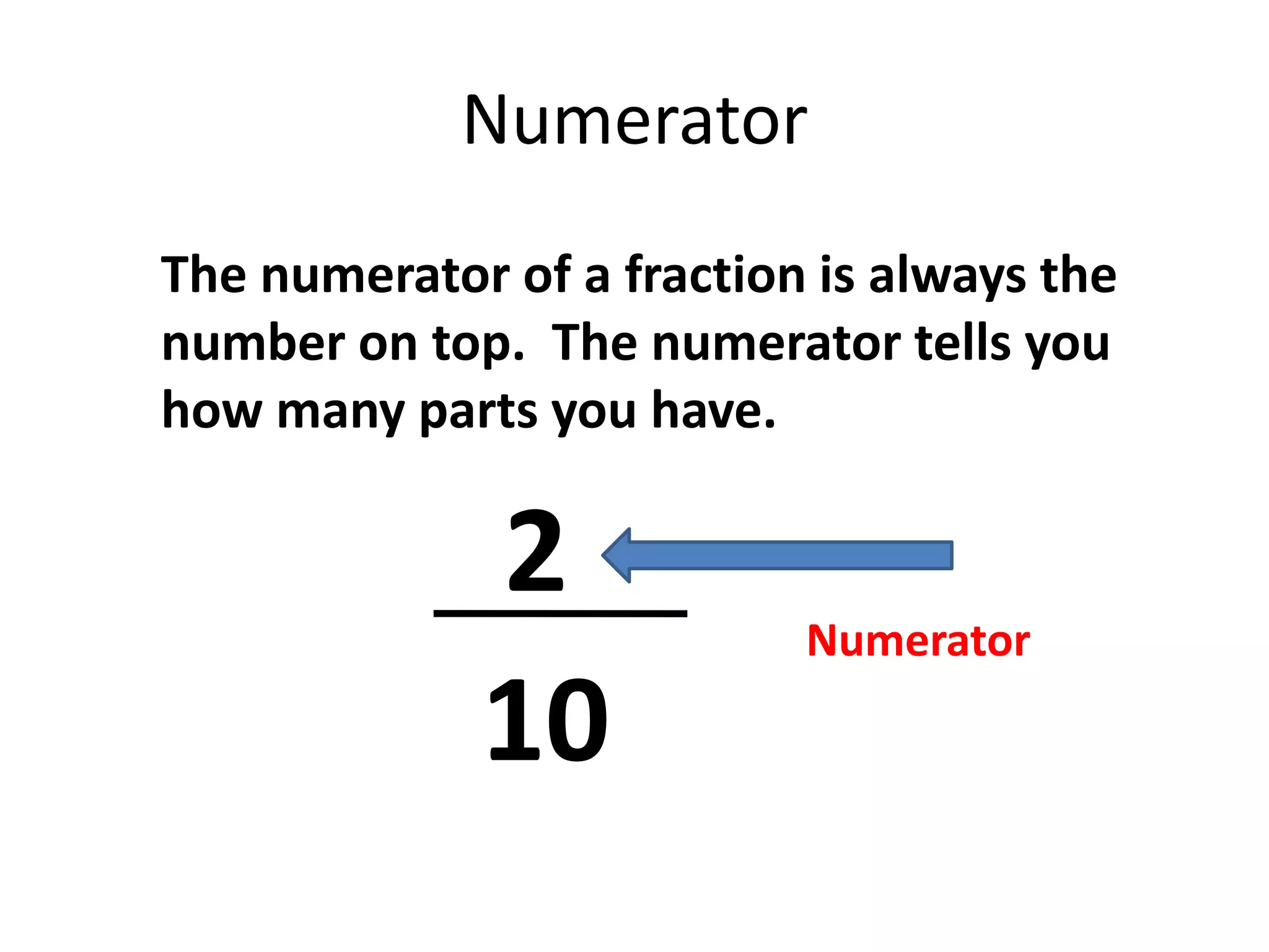 Numerator
The numerator of a fraction is always the
number on top. The numerator tells you
how many parts you have.
2
Numerator
10