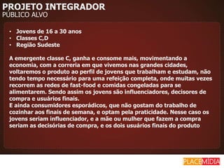 PROJETO INTEGRADOR
PÚBLICO ALVO

 • Jovens de 16 a 30 anos
 • Classes C,D
 • Região Sudeste

 A emergente classe C, ganha e consome mais, movimentando a
 economia, com a correria em que vivemos nas grandes cidades,
 voltaremos o produto ao perfil de jovens que trabalham e estudam, não
 tendo tempo necessário para uma refeição completa, onde muitas vezes
 recorrem as redes de fast-food e comidas congeladas para se
 alimentarem. Sendo assim os jovens são influenciadores, decisores de
 compra e usuários finais.
 E ainda consumidores esporádicos, que não gostam do trabalho de
 cozinhar aos finais de semana, e optam pela praticidade. Nesse caso os
 jovens seriam influenciador, e a mãe ou mulher que fazem a compra
 seriam as decisórias de compra, e os dois usuários finais do produto
 