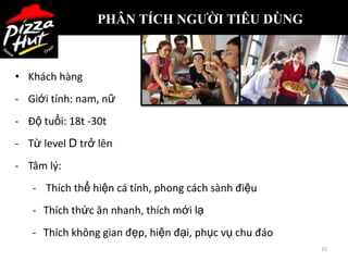PHÂN TÍCH NGƯỜI TIÊU DÙNG



• Khách hàng
- Giới tính: nam, nữ
- Độ tuổi: 18t -30t
- Từ level D trở lên
- Tâm lý:
   - Thích thể hiện cá tính, phong cách sành điệu
   - Thích thức ăn nhanh, thích mới lạ
   - Thích không gian đẹp, hiện đại, phục vụ chu đáo
                                                       15
 