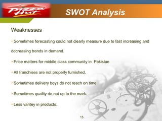 SWOT Analysis

Company Logo

Weaknesses
Sometimes

forecasting could not clearly measure due to fast increasing and

decreasing trends in demand.
Price
All

matters for middle class community in Pakistan

franchises are not properly furnished.

Sometimes

delivery boys do not reach on time.

Sometimes

quality do not up to the mark.

Less

varitey in products.
15

 