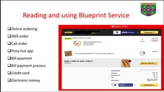 Reading and using Blueprint Service
Online ordering
SMS order
Call order
Pizza hut app
Bill payment
Bill payment process
Credit card
Electronic money
 