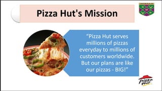 Pizza Hut's Mission
“Pizza Hut serves
millions of pizzas
everyday to millions of
customers worldwide.
But our plans are like
our pizzas - BIG!”
 