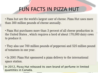 FUN FACTS IN PIZZA HUT
In 2012, Pizza Hut released its own brand of perfume in limited
quantities in Canada.
 