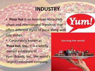 INDUSTRY
• Pizza Hut is an American restaurant
chain and international franchise that
offers different styles of pizza along with
side dishes.
• Corporately known as
Pizza Hut, Inc., it is a wholly
owned subsidiary of
Yum! Brands, Inc., the world's
largest restaurant company.
 