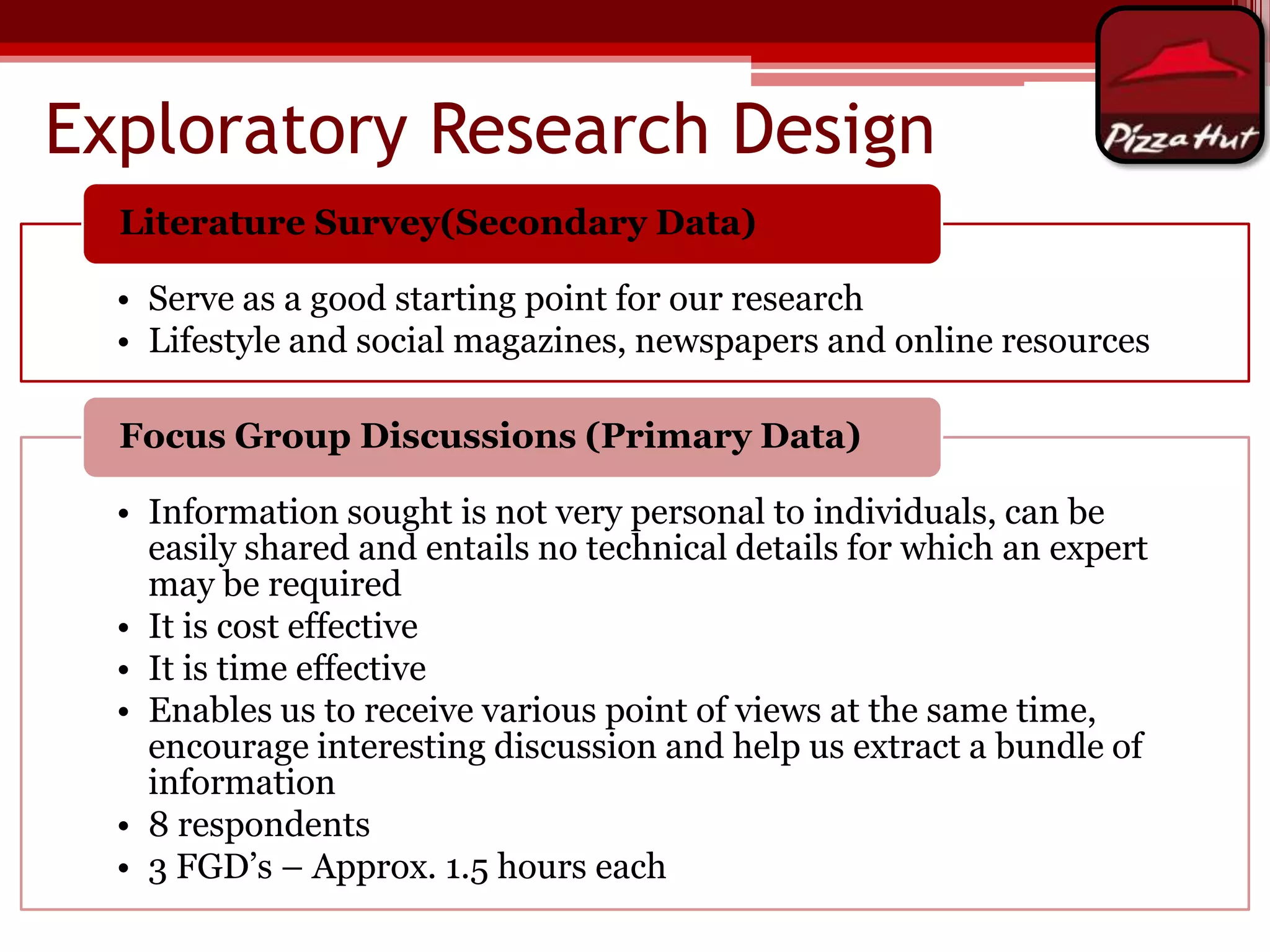 Exploratory Research Design
Literature Survey(Secondary Data)
• Serve as a good starting point for our research
• Lifestyle and social magazines, newspapers and online resources
Focus Group Discussions (Primary Data)
• Information sought is not very personal to individuals, can be
easily shared and entails no technical details for which an expert
may be required
• It is cost effective
• It is time effective
• Enables us to receive various point of views at the same time,
encourage interesting discussion and help us extract a bundle of
information
• 8 respondents
• 3 FGD’s – Approx. 1.5 hours each

 