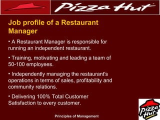 .
Job profile of a Restaurant
Manager
• A Restaurant Manager is responsible for
running an independent restaurant.
• Training, motivating and leading a team of
50-100 employees.
• Independently managing the restaurant's
operations in terms of sales, profitability and
community relations.
• Delivering 100% Total Customer
Satisfaction to every customer.
Principles of Management

 