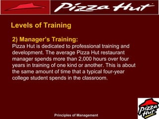 .
Levels of Training
2) Manager’s Training:
Pizza Hut is dedicated to professional training and
development. The average Pizza Hut restaurant
manager spends more than 2,000 hours over four
years in training of one kind or another. This is about
the same amount of time that a typical four-year
college student spends in the classroom.

Principles of Management

 