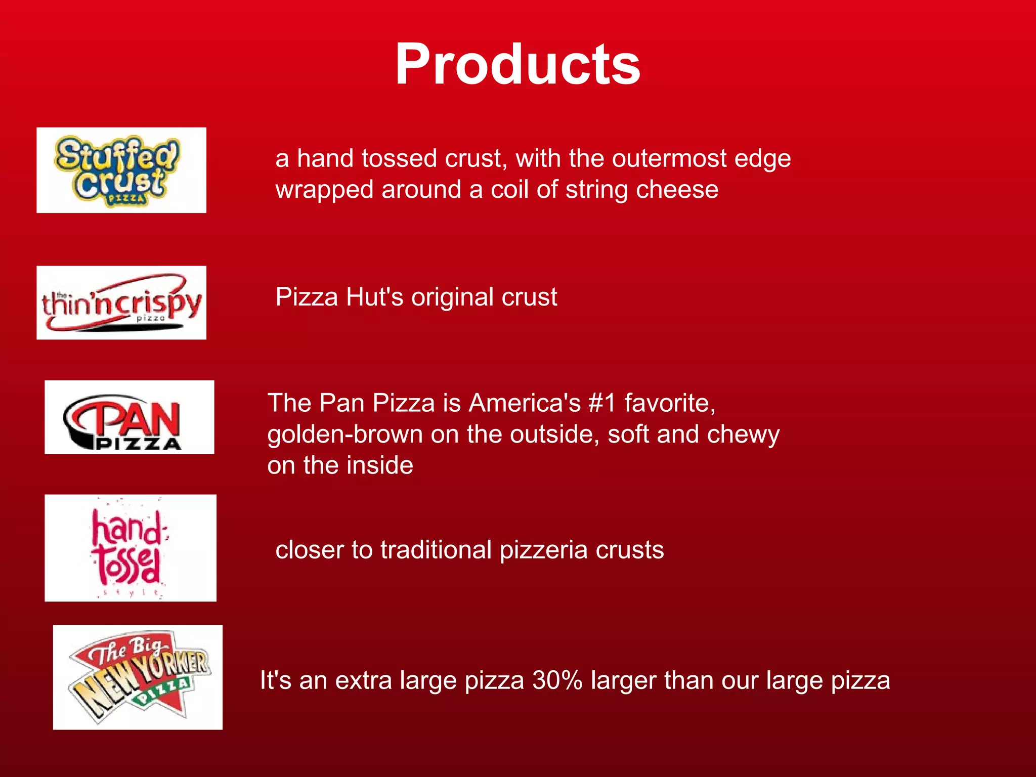 Products a hand tossed crust, with the outermost edge wrapped around a coil of string cheese   Pizza Hut's original crust   The Pan Pizza is America's #1 favorite, golden-brown on the outside, soft and chewy on the inside  closer to traditional pizzeria crusts   It's an extra large pizza 30% larger than our large pizza  
