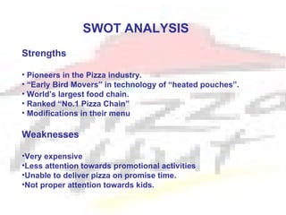 SWOT ANALYSIS
Strengths

• Pioneers in the Pizza industry.
• “Early Bird Movers” in technology of “heated pouches”.
• World’s largest food chain.
• Ranked “No.1 Pizza Chain”
• Modifications in their menu

Weaknesses

•Very expensive
•Less attention towards promotional activities
•Unable to deliver pizza on promise time.
•Not proper attention towards kids.
 