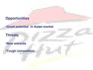 Opportunities

•Great potential in Asian market

Threats

•New entrants

•Tough competition
 
