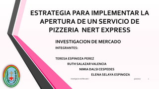 ESTRATEGIA PARA IMPLEMENTAR LA
APERTURA DE UN SERVICIO DE
PIZZERIA NERT EXPRESS
INVESTIGACION DE MERCADO
INTEGRANTES:
TERESA ESPINOZA PEREZ
RUTH SALAZARVALENCIA
NIMIA DALSI CESPEDES
ELENA SELAYA ESPINOZA
Investigacion de Mercado I 19/20/2017
 